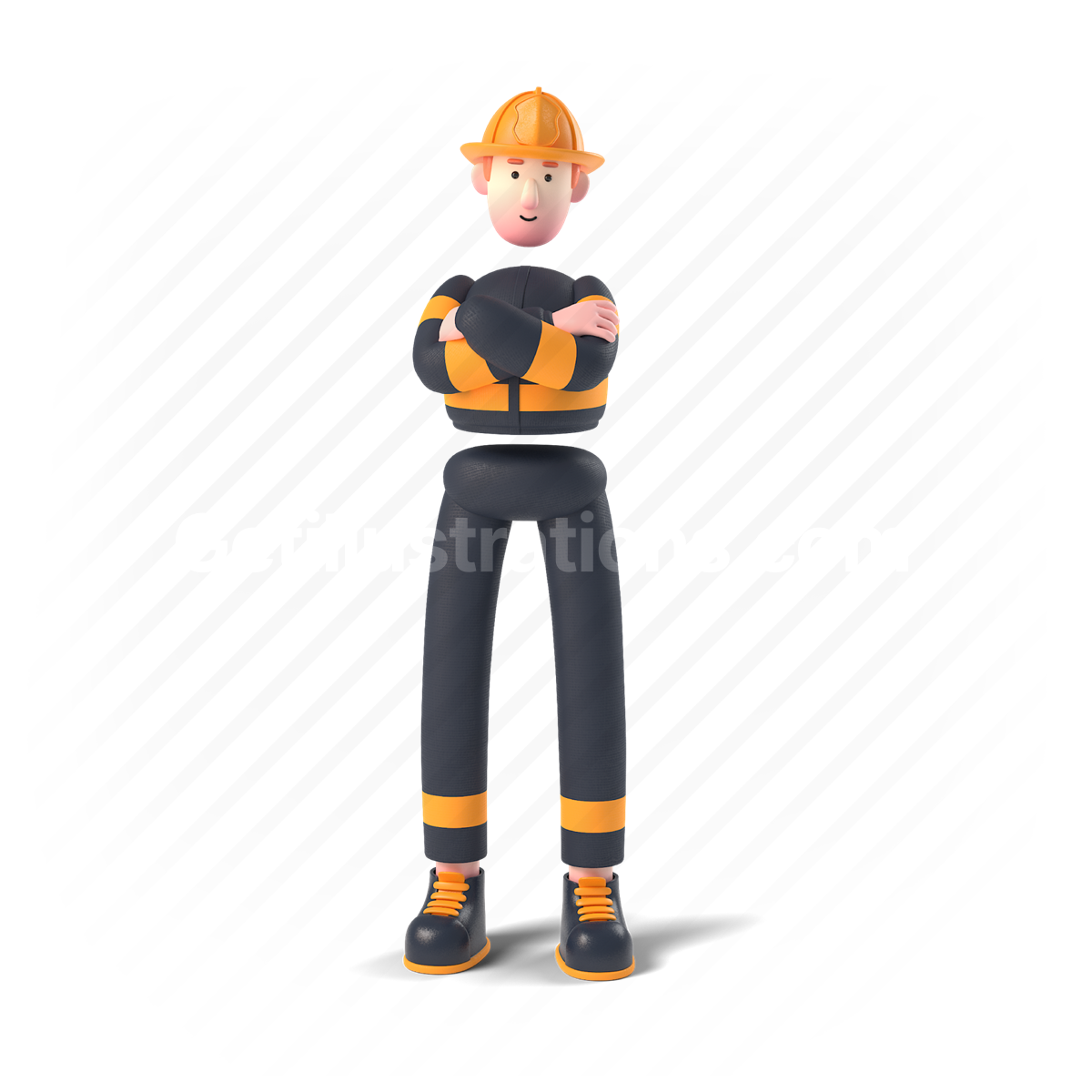 man, fire fighter, emergency, 3d, people, character, stand, arms crossed